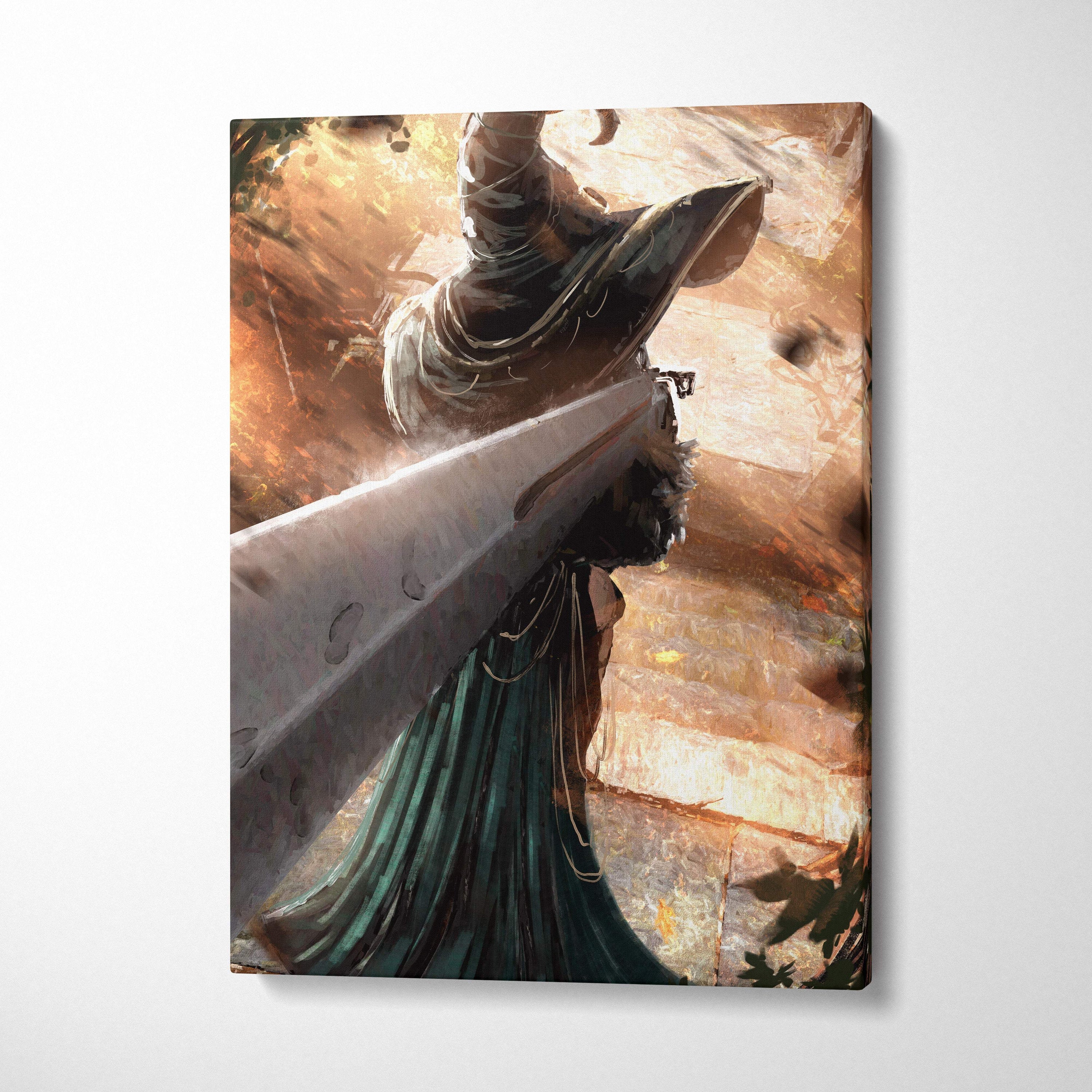 Dark fantasy wizard canvas wall art featuring a hooded mage in dark green robes with a giant silver sword