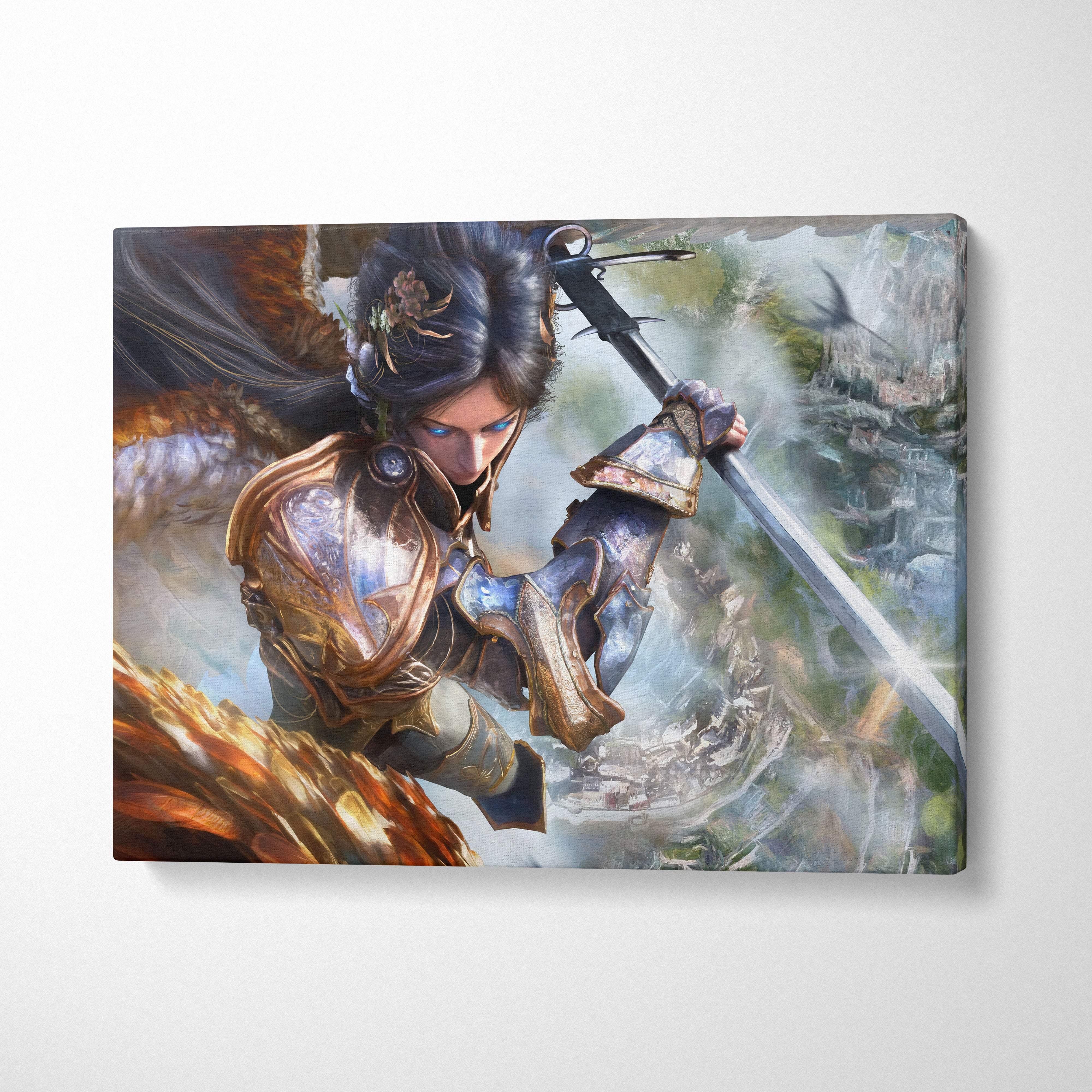 A detailed canvas print of an epic angel warrior in golden and blue armor wielding an intricately designed sword
