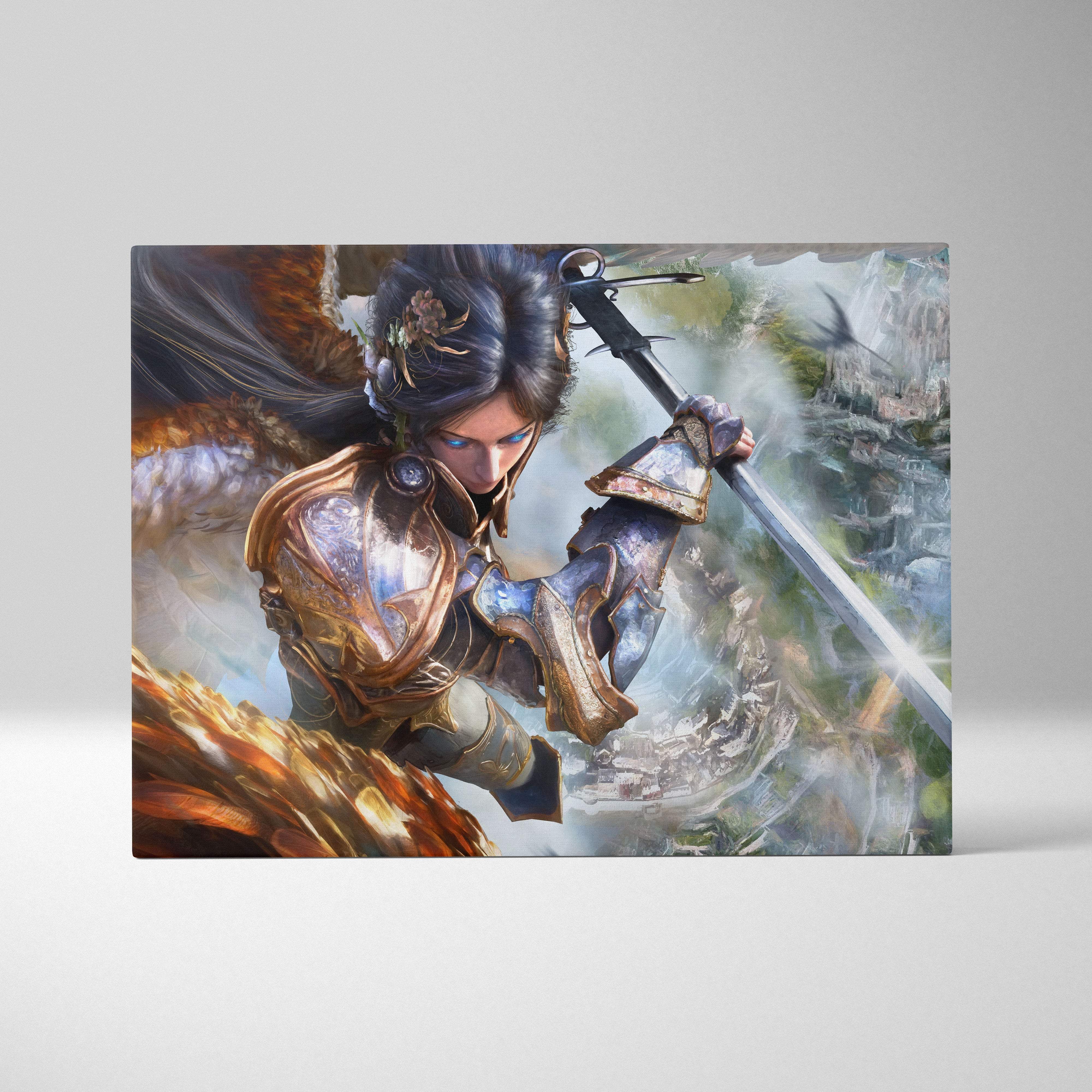 A rectangular canvas print of a fantasy warrior in gold and blue armor wielding a sword with a misty mountain backdrop