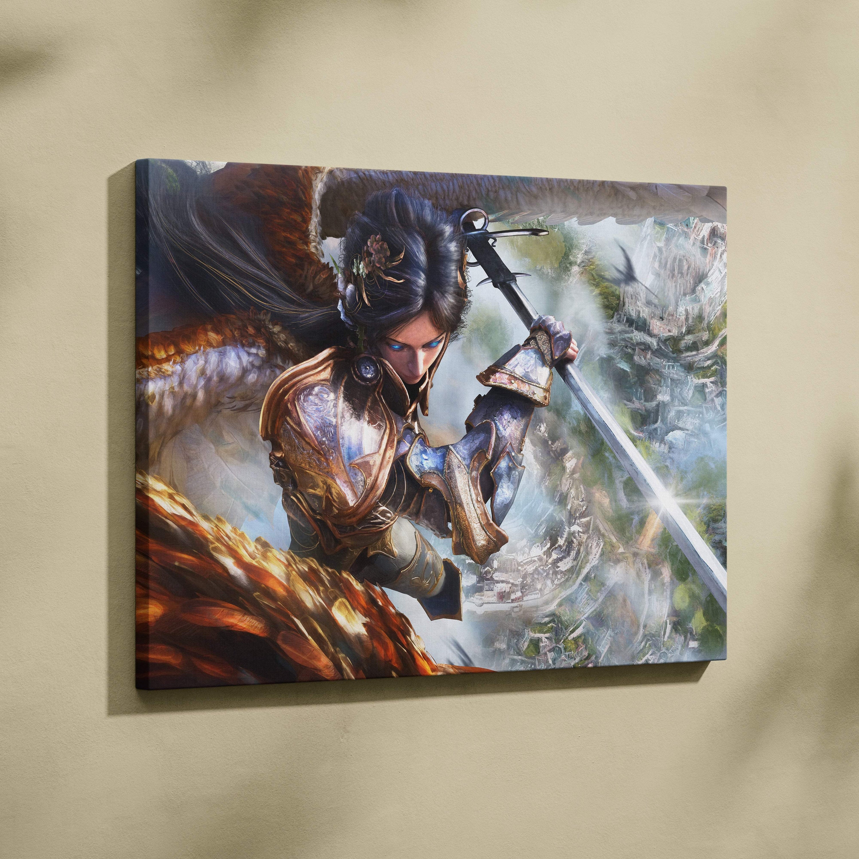 Epic angel warrior canvas art featuring a fantasy warrior in golden armor with a glowing sword against misty mountains