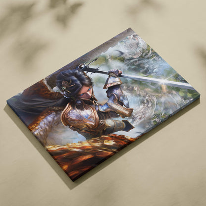 Rectangular canvas print of epic angel warrior in ornate armor with glowing blue eyes and sword in a fantasy battle scene