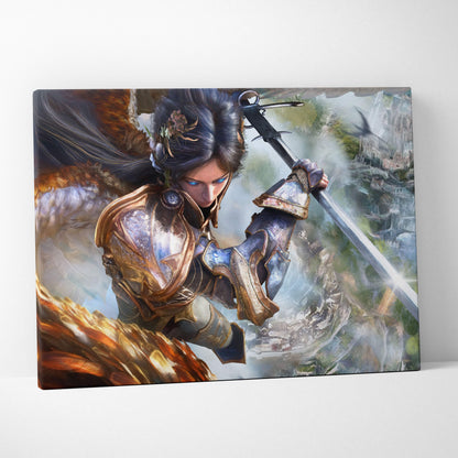 Epic angel warrior canvas art featuring a fantasy knight in golden and blue armor with wings and glowing blue eyes