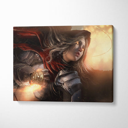 Dark angel warrior canvas art depicting a female knight in detailed dark armor with silver hair and a red cloak against a golden sunset