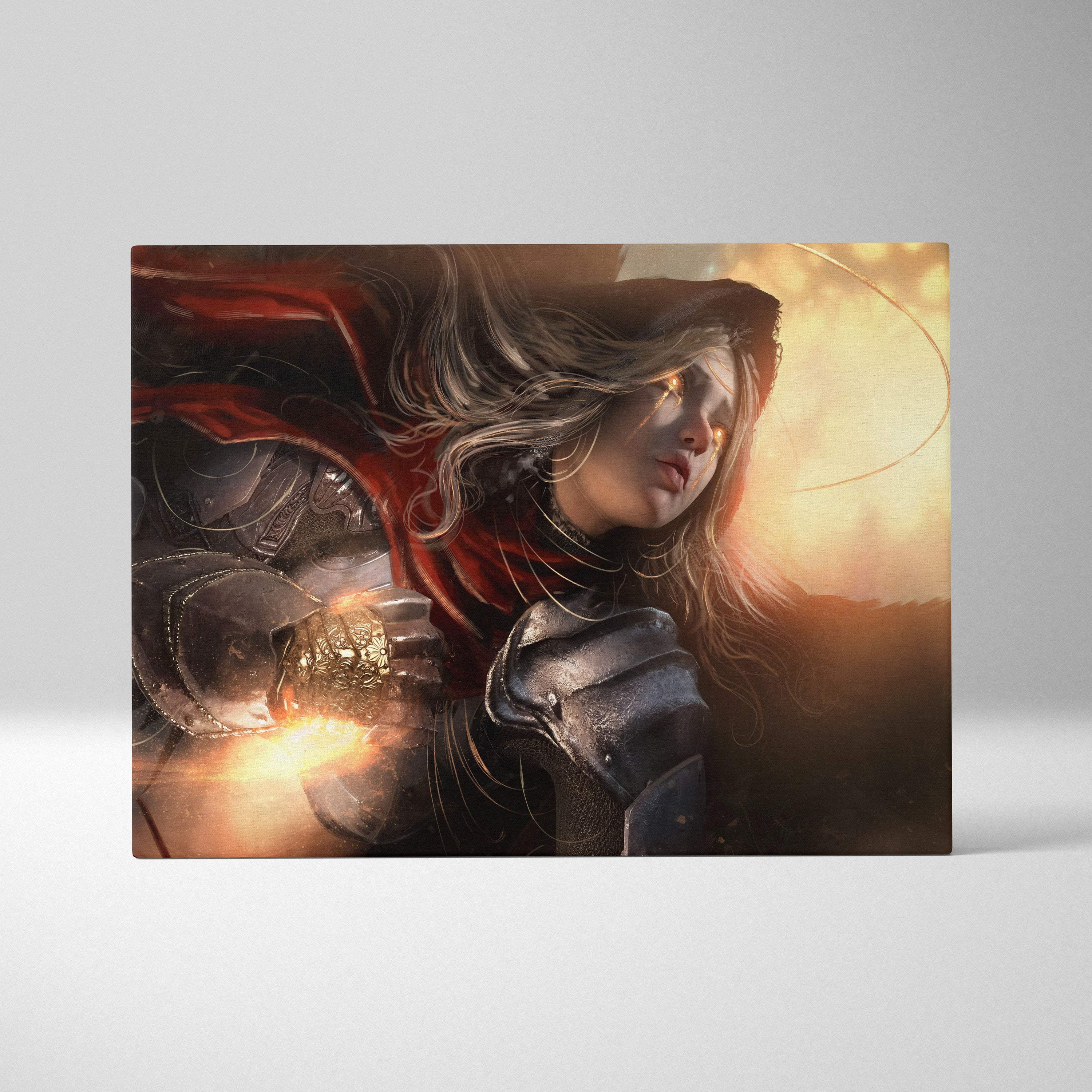 A rectangular canvas print of a fantasy warrior woman in dark armor with silver hair and red cloak at golden sunset