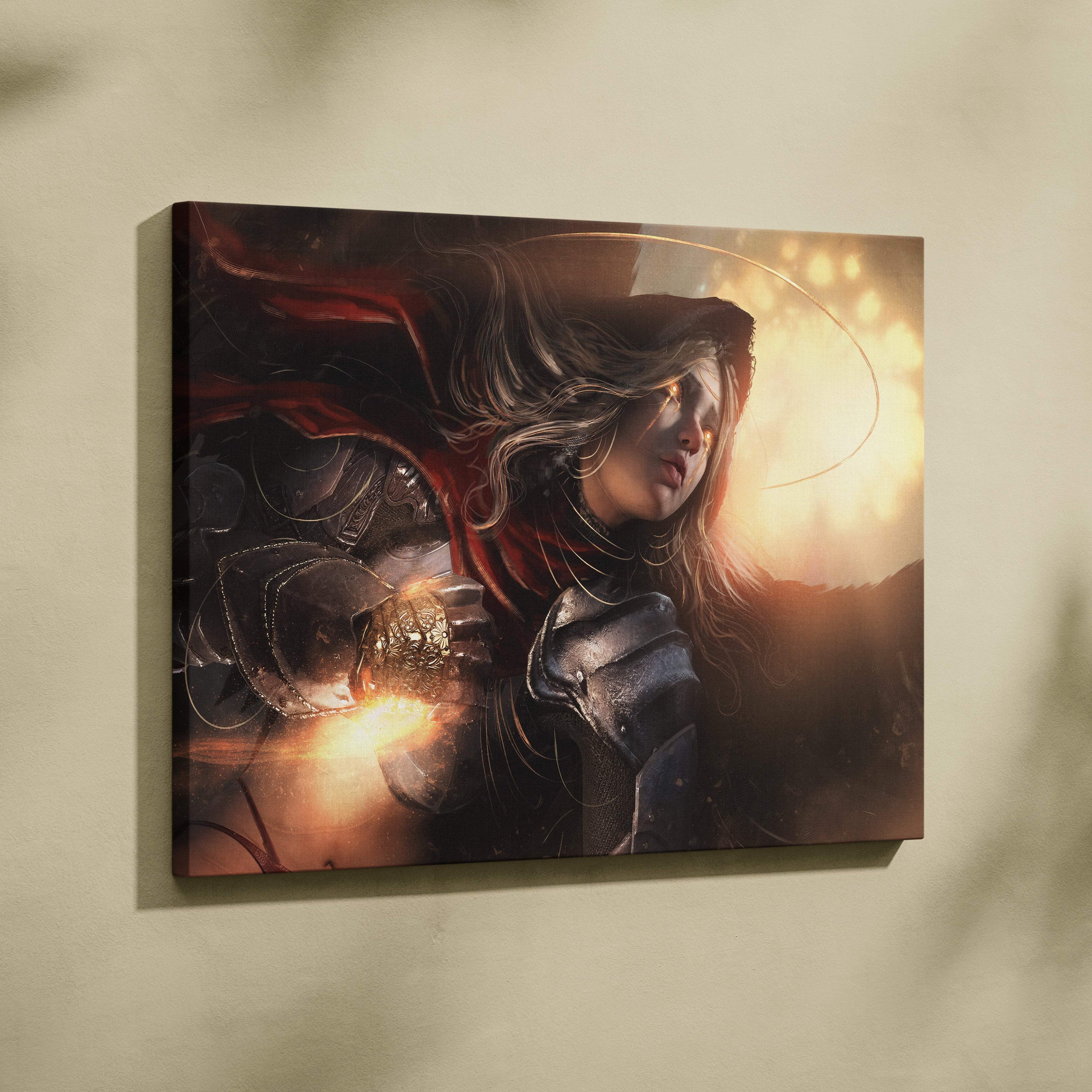 A framed canvas print of a dark angel warrior with glowing eyes black wings and fiery light aura in cinematic fantasy style