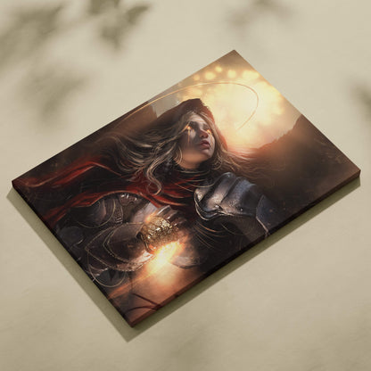 A rectangular canvas print of a female knight in dark armor with silver hair and glowing golden object at sunset