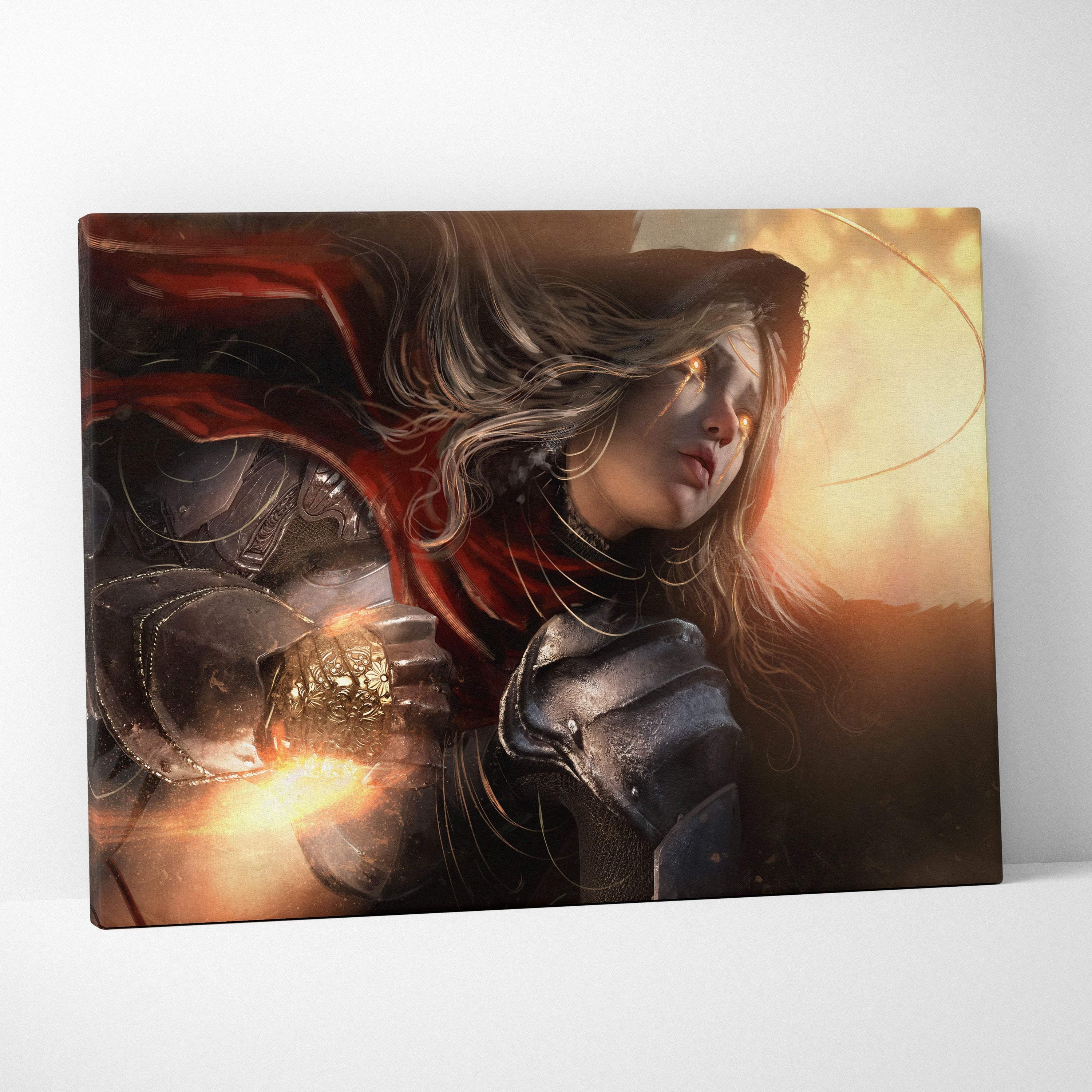 Dark angel warrior canvas art featuring a female knight in dark ornate armor with red cloak and glowing eyes at sunset