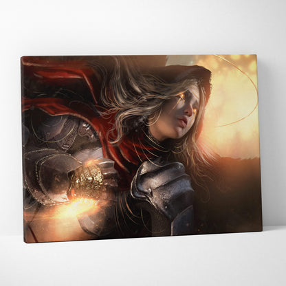 Dark angel warrior canvas art featuring a female knight in dark ornate armor with red cloak and glowing eyes at sunset