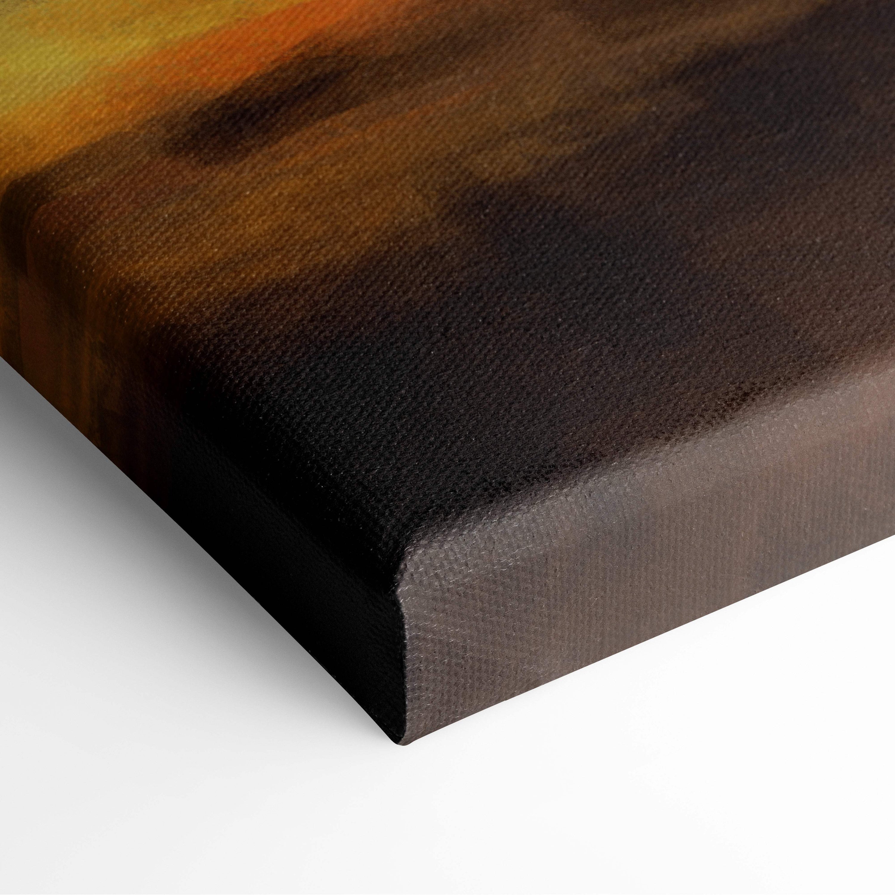 Demonic scythe canvas print with warm earthy gradient from golden yellow to deep brown framed in black border
