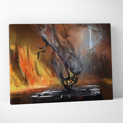 Demonic scythe canvas print with dark ornate sword and golden accents in fiery orange inferno fantasy wall art