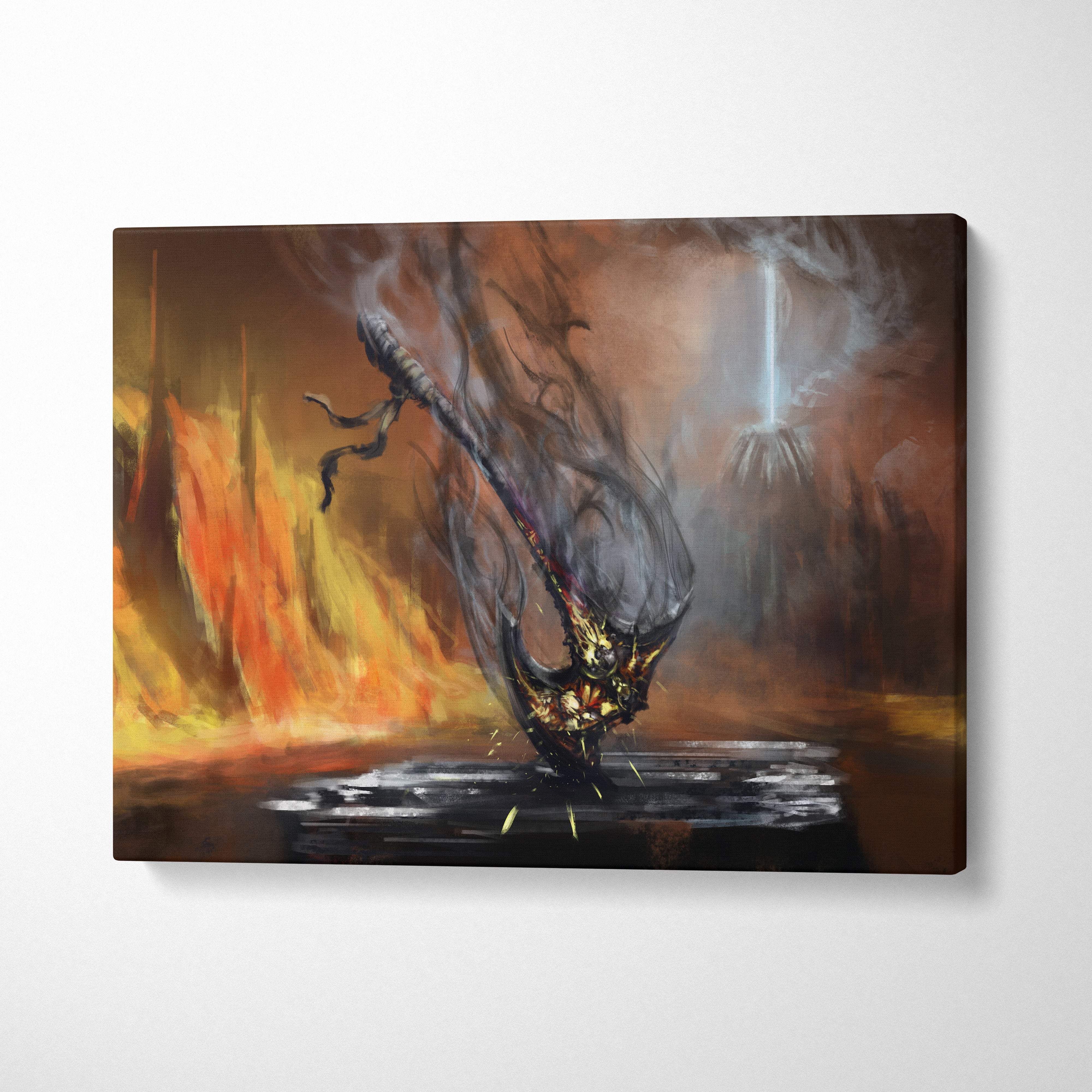 Demonic scythe canvas print showing a dark ornate sword plunged in molten lava with fiery orange and black background