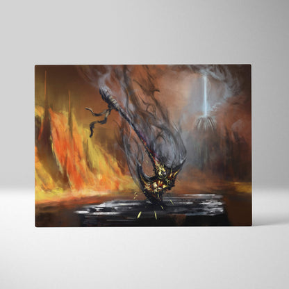 Demonic scythe canvas print featuring a dark ornate sword with golden accents and a glowing blade in fiery orange fire background