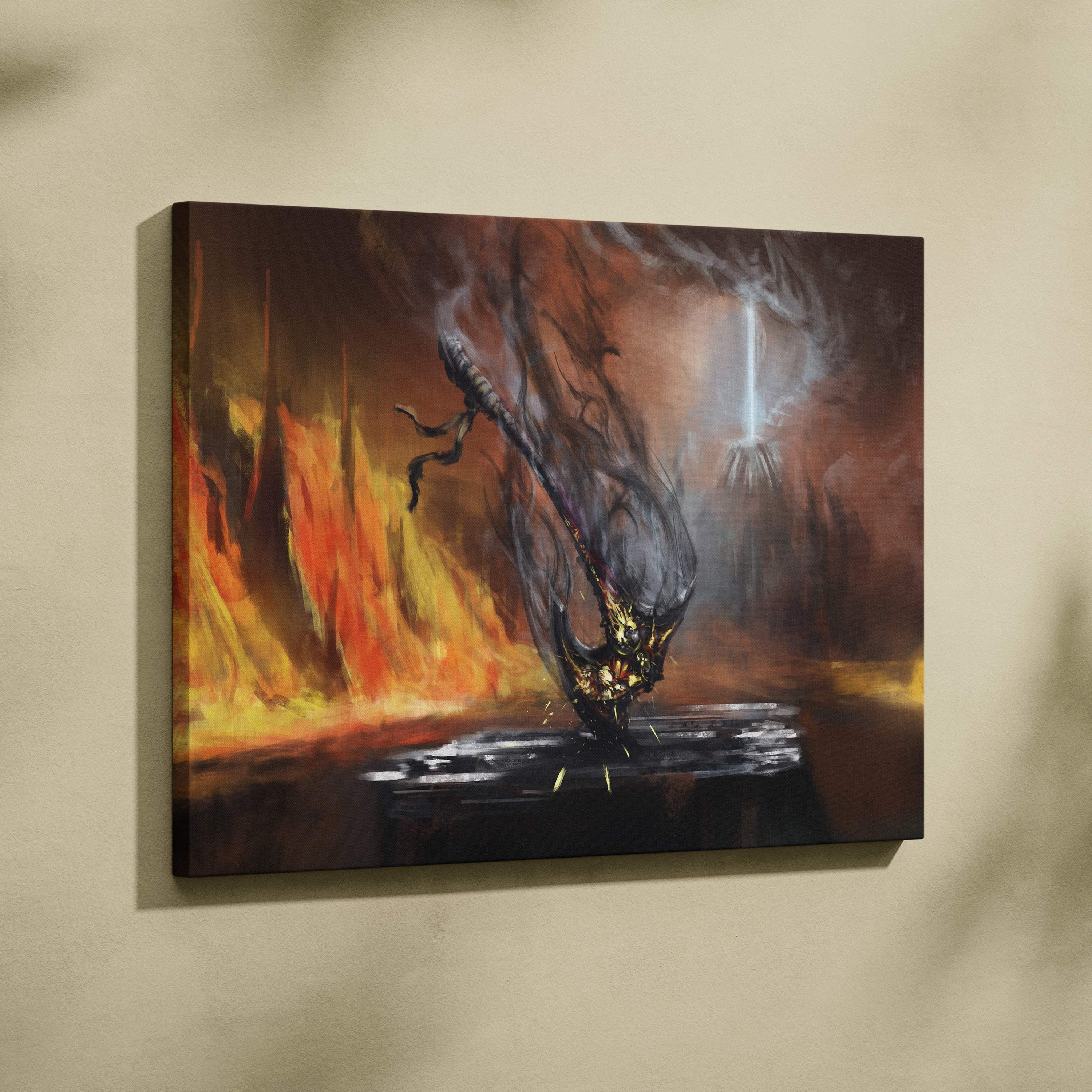 Dark menacing alien with glowing gold accents in fiery cavern on rectangular demonic scythe canvas print wall art