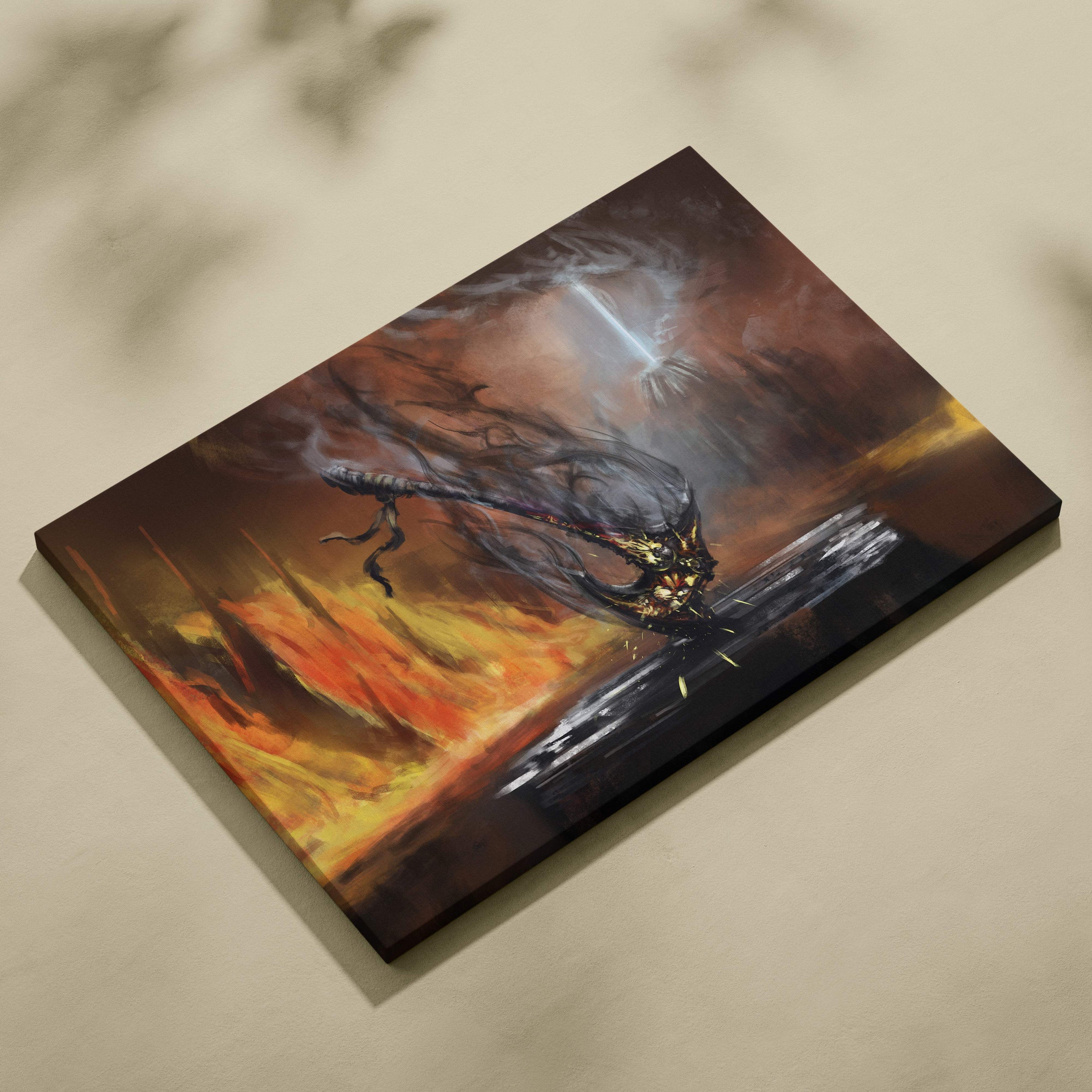 Demonic scythe rectangular canvas print with fiery armored creature and glowing light effects dark fantasy wall art