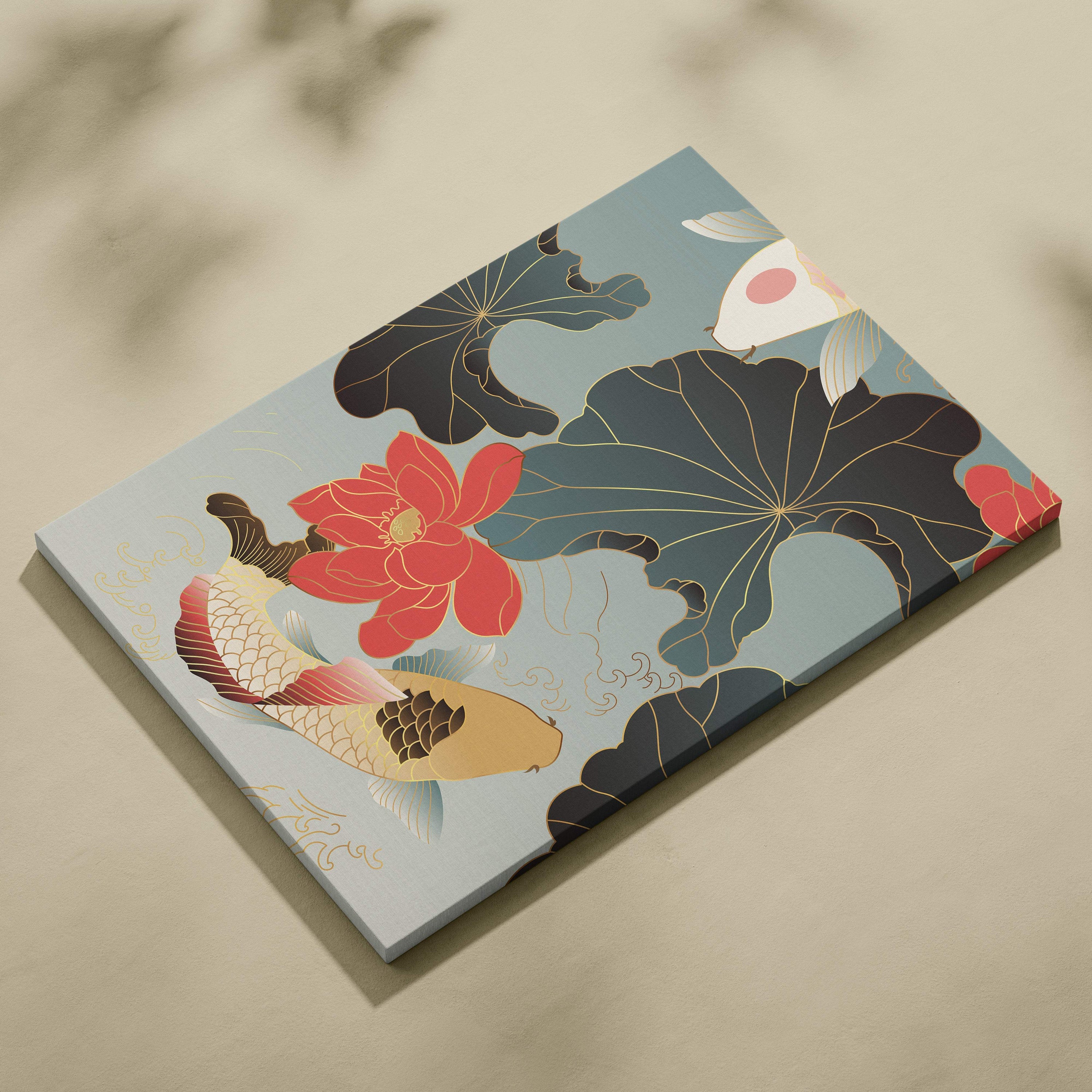 A rectangular koi fish lotus canvas wall art in red gold black and muted blue with elegant asian floral pond design