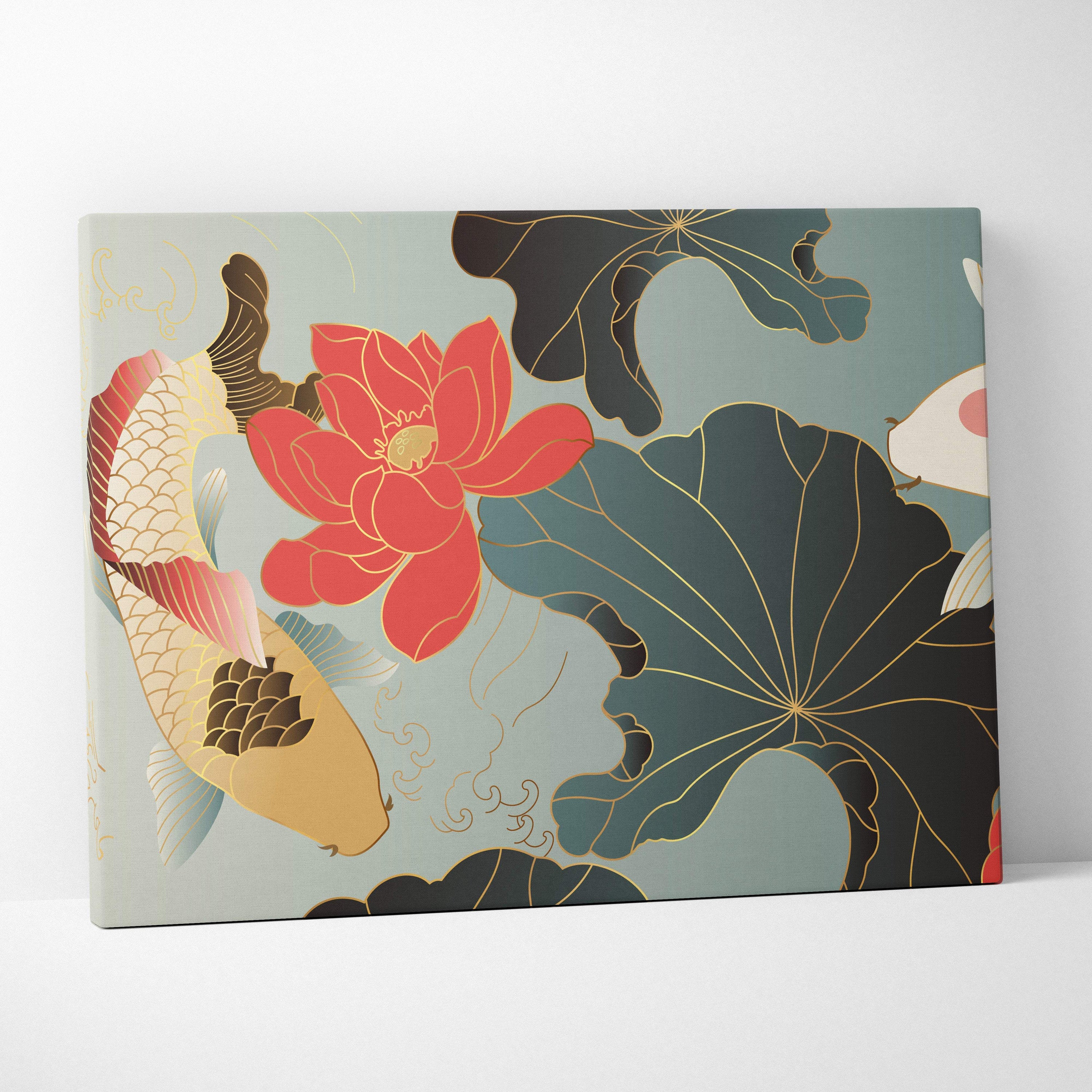 A rectangular canvas print of koi fish and lotus flowers in red gold and deep teal with golden outlines for wall art