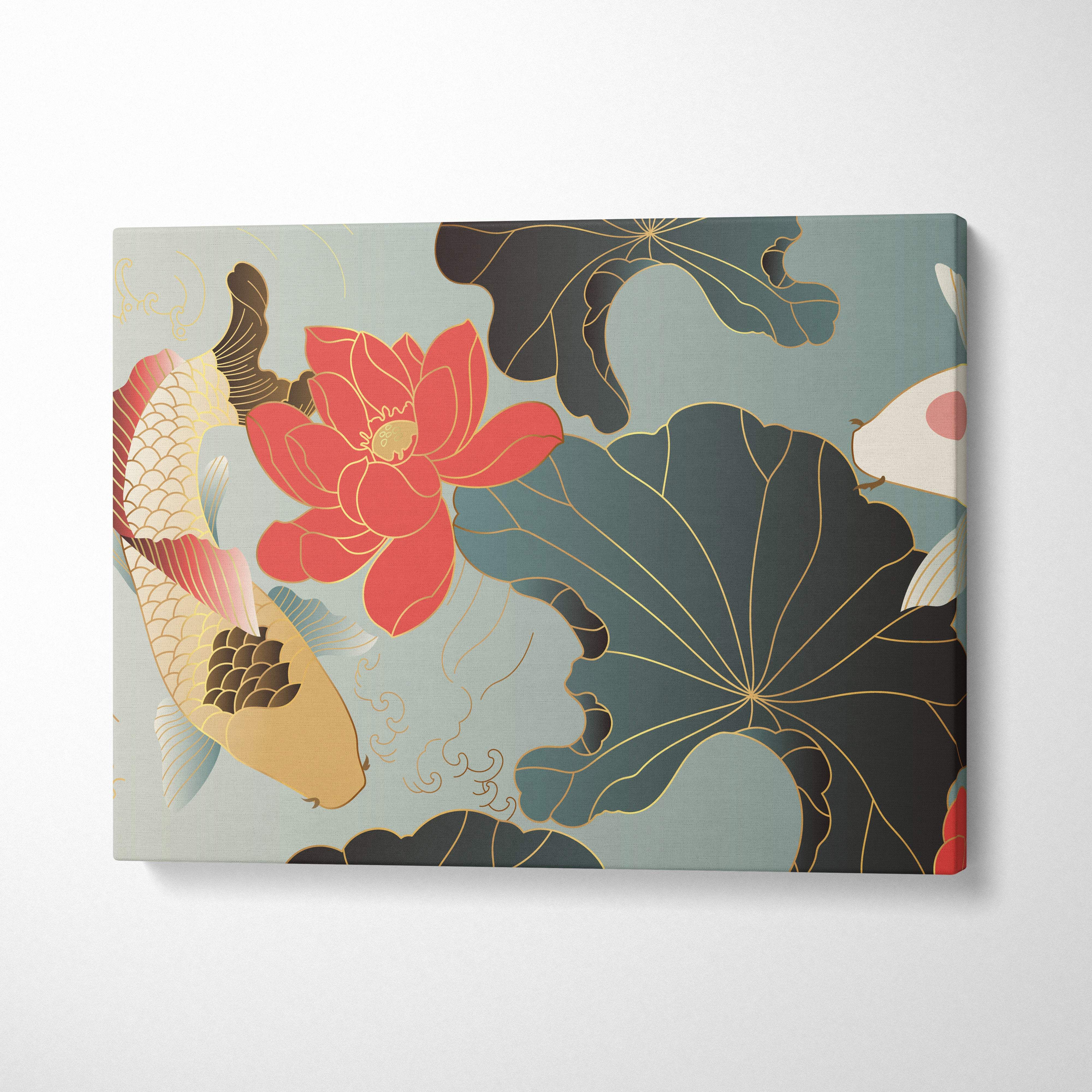 Rectangular koi fish lotus canvas wall art with vibrant red gold and teal koi and lotus on soft gray background