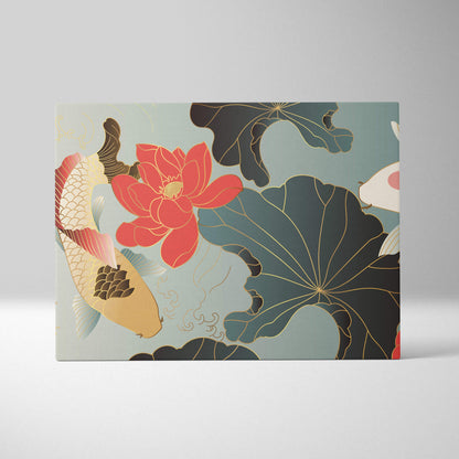Koi fish lotus canvas wall art with red gold black and teal koi fish and lotus on light blue background for elegant decor