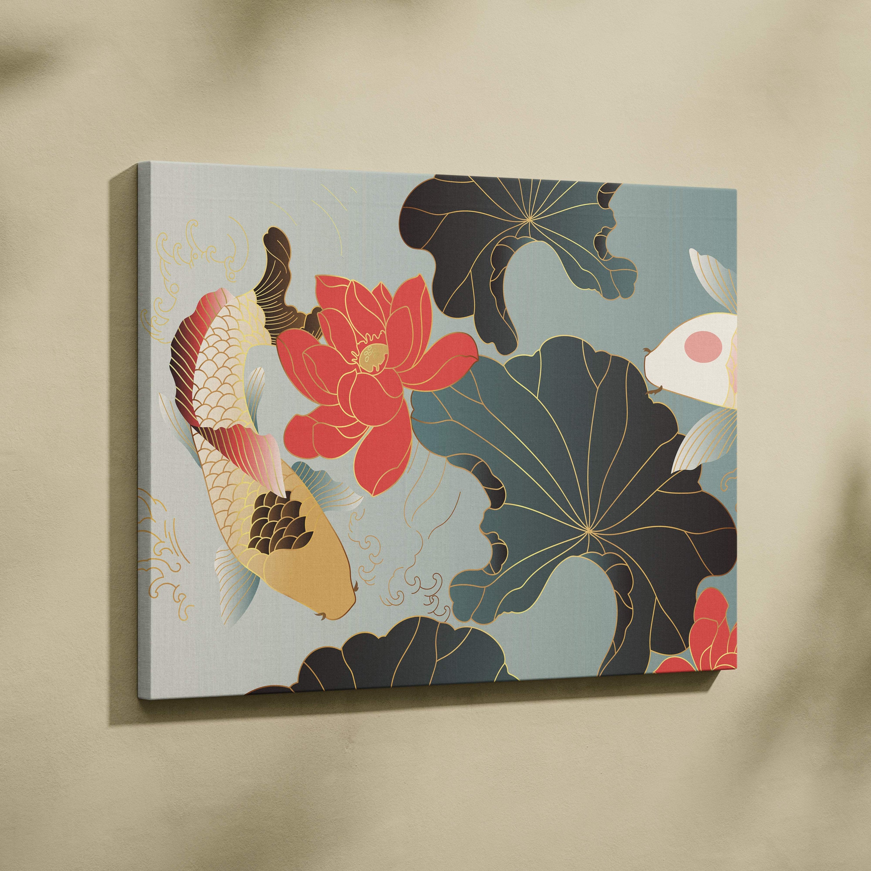 Rectangular koi fish lotus canvas wall art in vibrant red gold and deep blue on soft gray for elegant asian decor