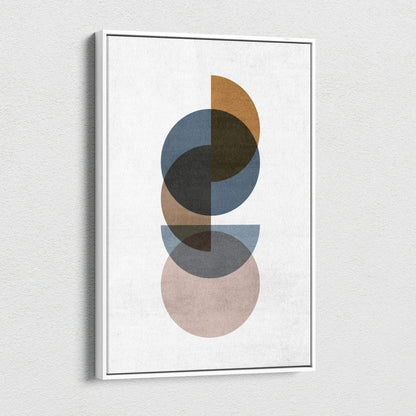 Modern abstract geometric balance art with overlapping circles in muted blue beige tones framed