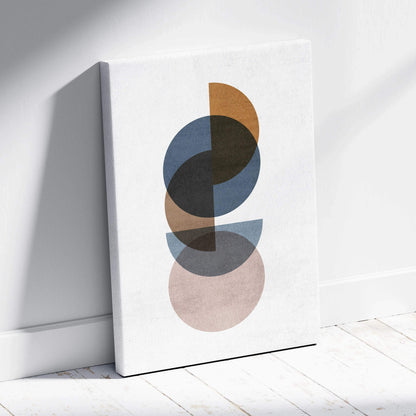 Minimalist abstract canvas with overlapping semicircles in muted blue, beige, brown