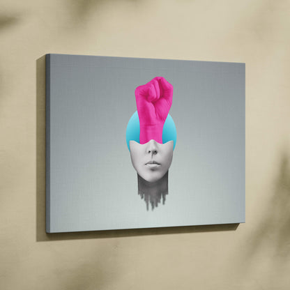 Contemporary pink fist canvas wall art featuring a vibrant pink fist from a blue sphere on a gray human face