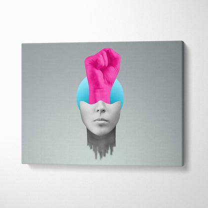 Contemporary pink fist canvas wall art with vibrant pink fist emerging from cyan sphere on grayscale face print