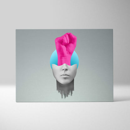 Contemporary pink fist canvas wall art with a vibrant pink fist emerging from cyan sphere on a grayscale face background