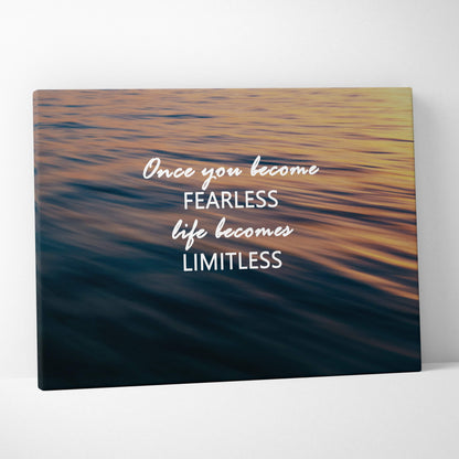 A rectangular canvas print with golden and deep blue hues featuring an inspirational ocean quote for home decor