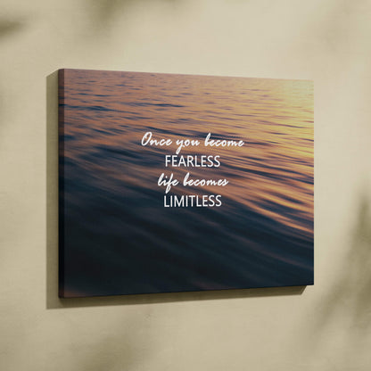 A rectangular canvas print with a serene sunset and white script motivational quote for office or bedroom decor