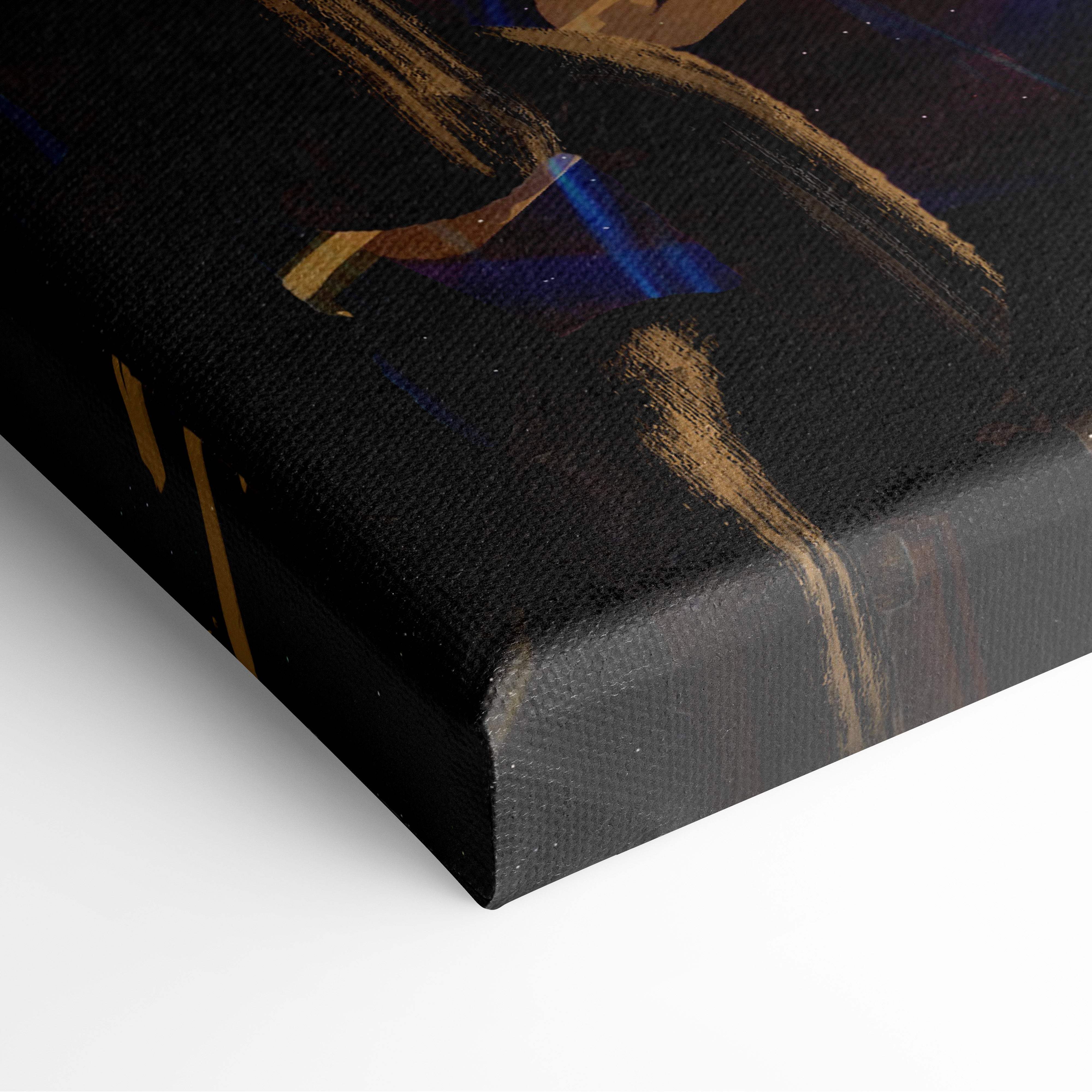 Mystic fire mage canvas art featuring black textured surface with gold and blue abstract brushstrokes and arcane symbols