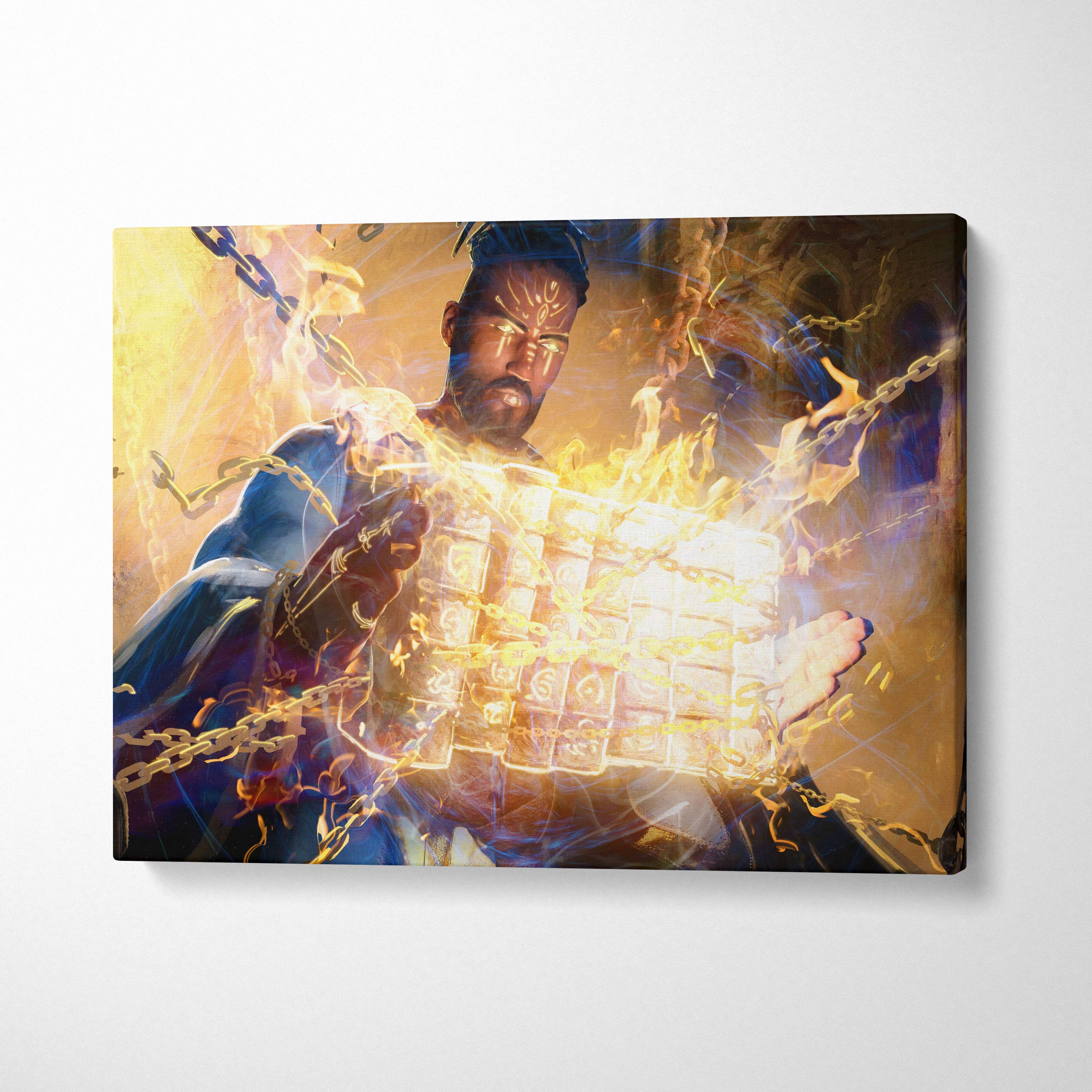 Vibrant fantasy canvas art of a muscular mage in blue robes with golden chains and glowing energy spellbook