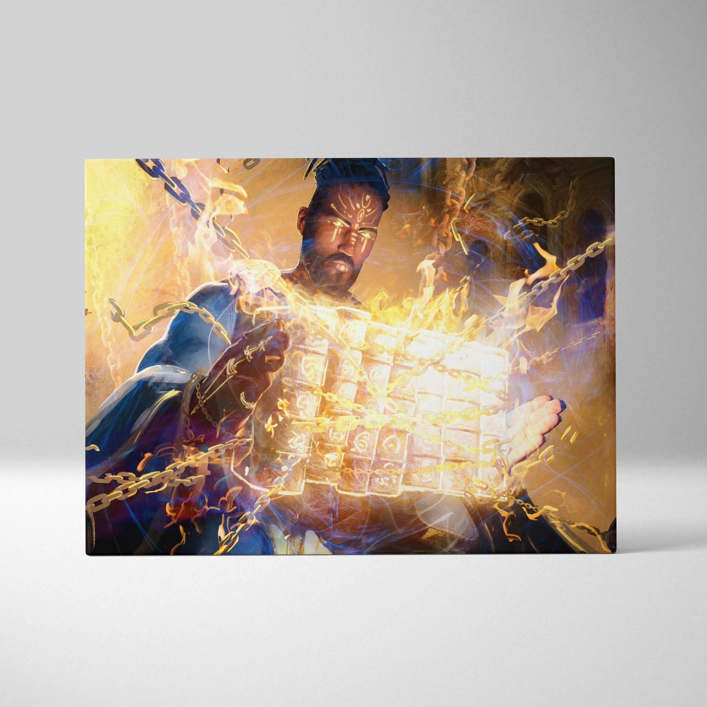 Mystic fire mage canvas art showing a bearded figure in blue robes holding glowing golden chains and cards