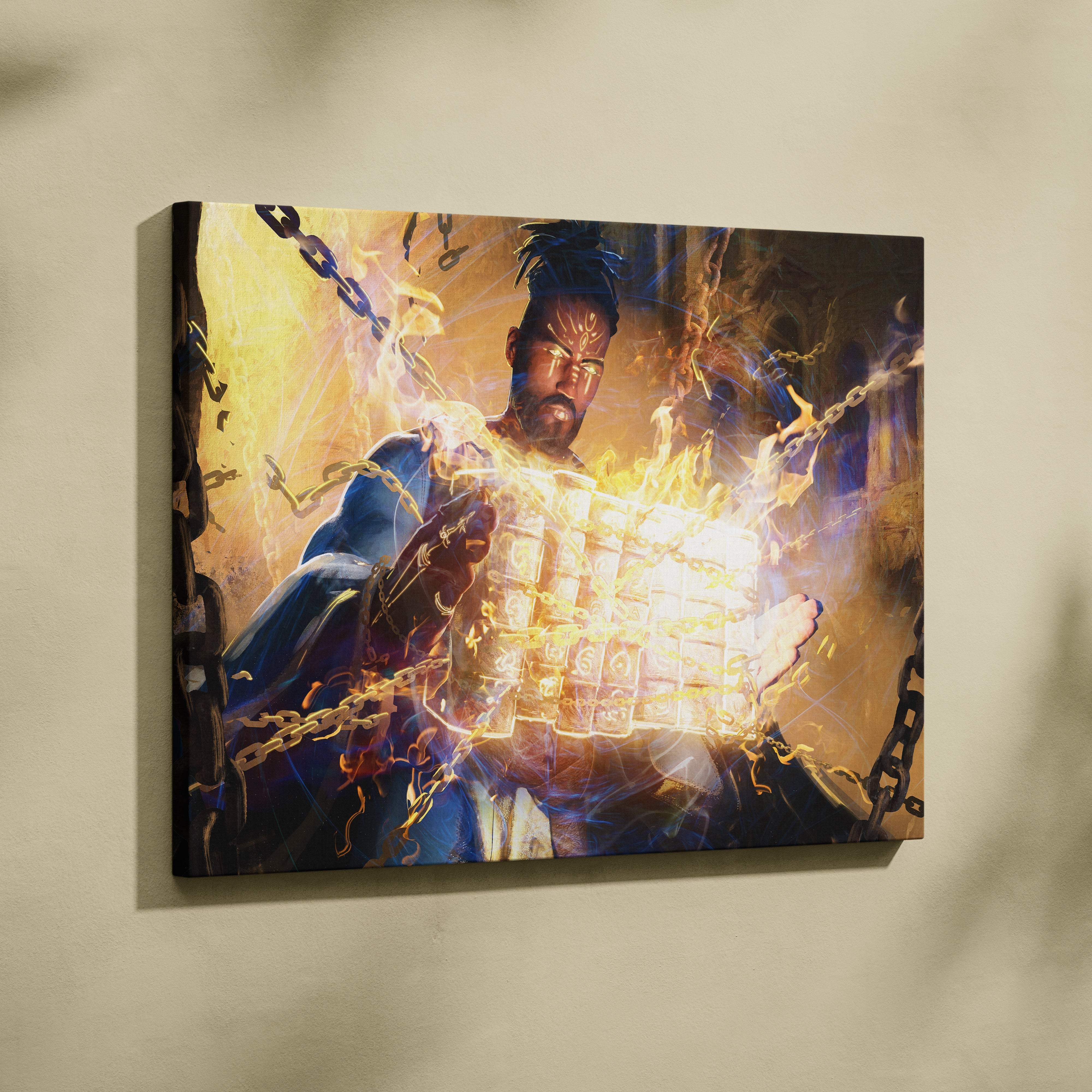 Mystic fire mage canvas art featuring a muscular figure in blue robes holding glowing fiery cards with chains and arcane symbols