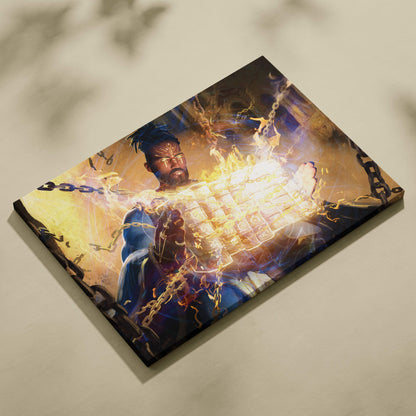 Mystic fire mage canvas art showing a muscular figure in blue robes with golden chains and glowing magical energy