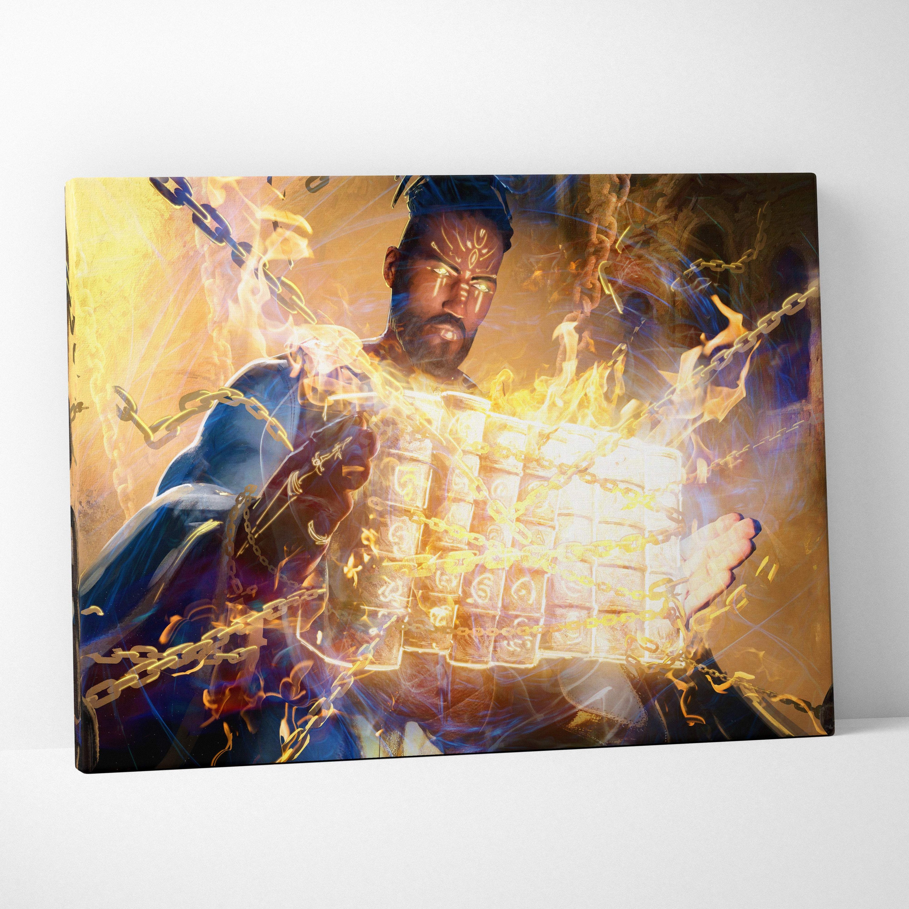 A vibrant rectangular canvas print of a bearded man in blue robes with glowing golden chains and mystical artifacts