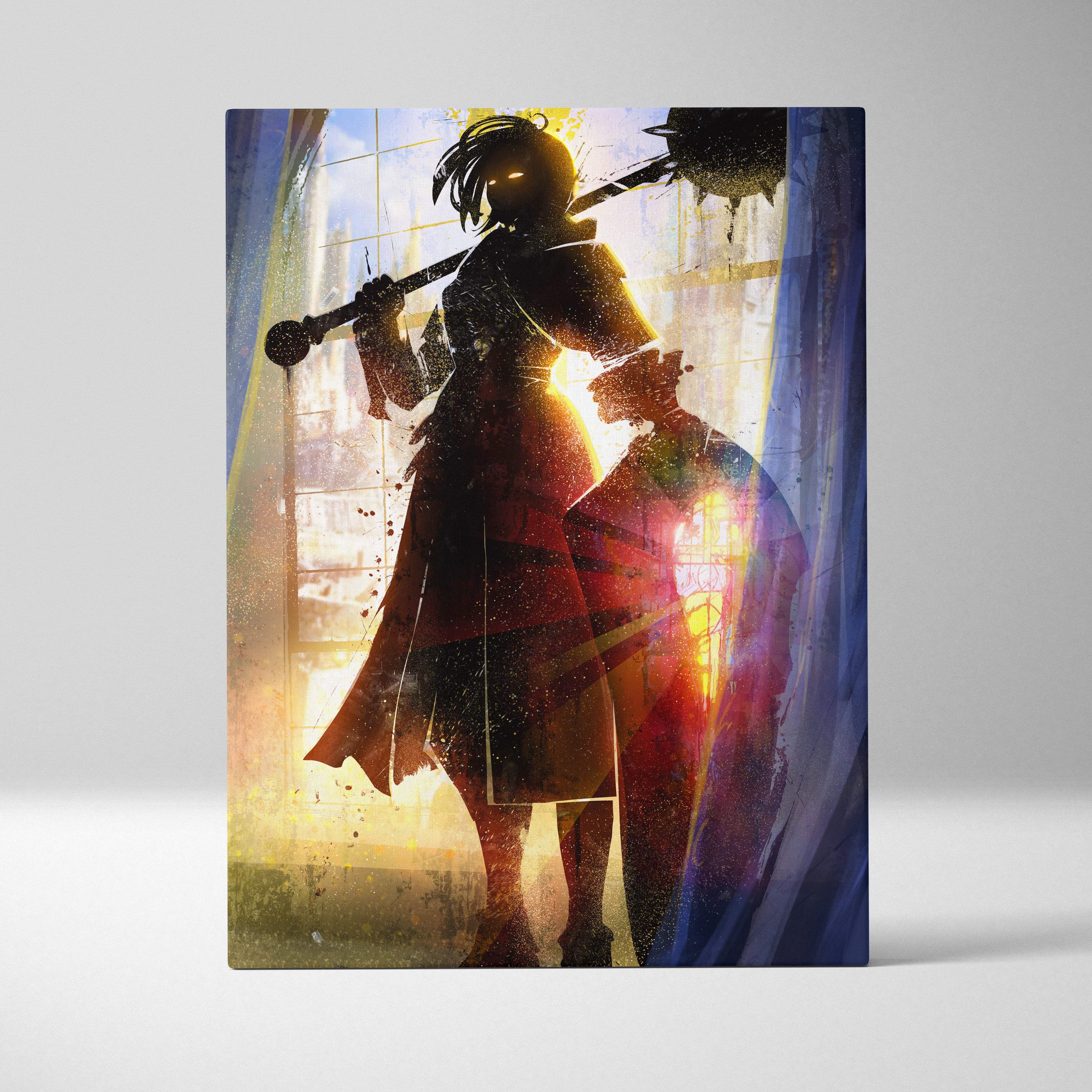 Artistic canvas print of a gothic female warrior silhouette with mace and shield against vibrant sunset backdrop