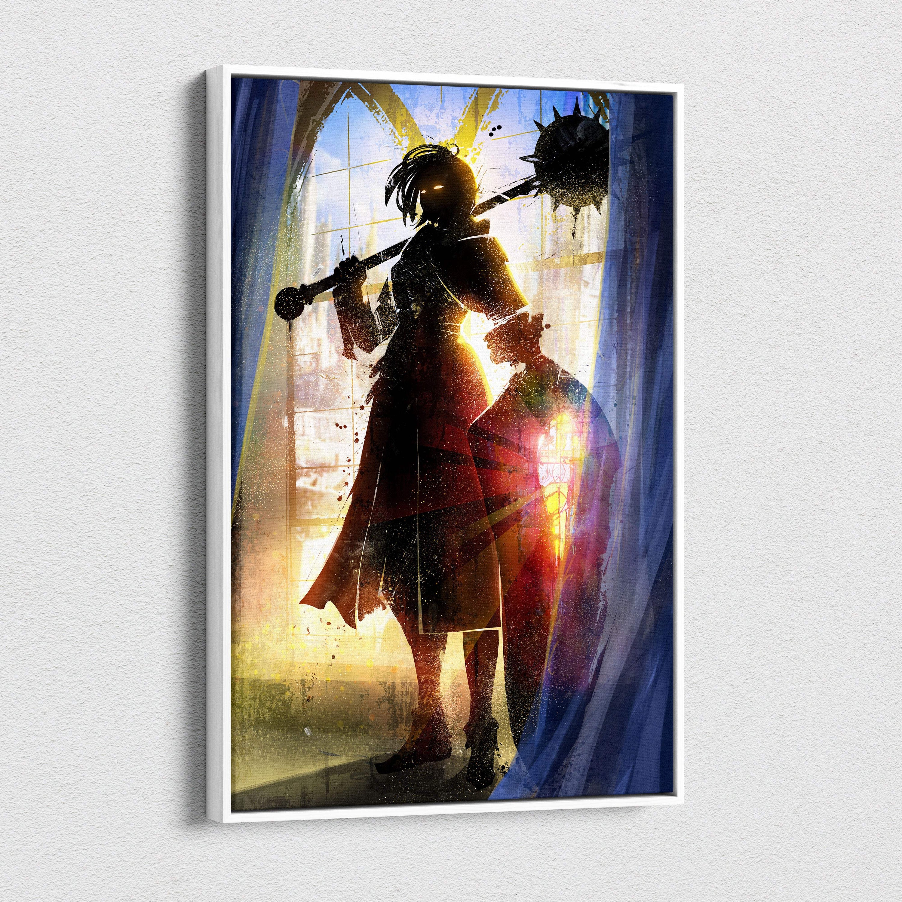 A framed gothic female warrior silhouette canvas wall art showing a red armored knight with mace by a glowing window