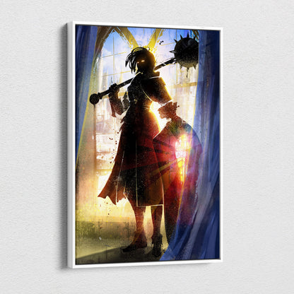 A framed gothic female warrior silhouette canvas wall art showing a red armored knight with mace by a glowing window