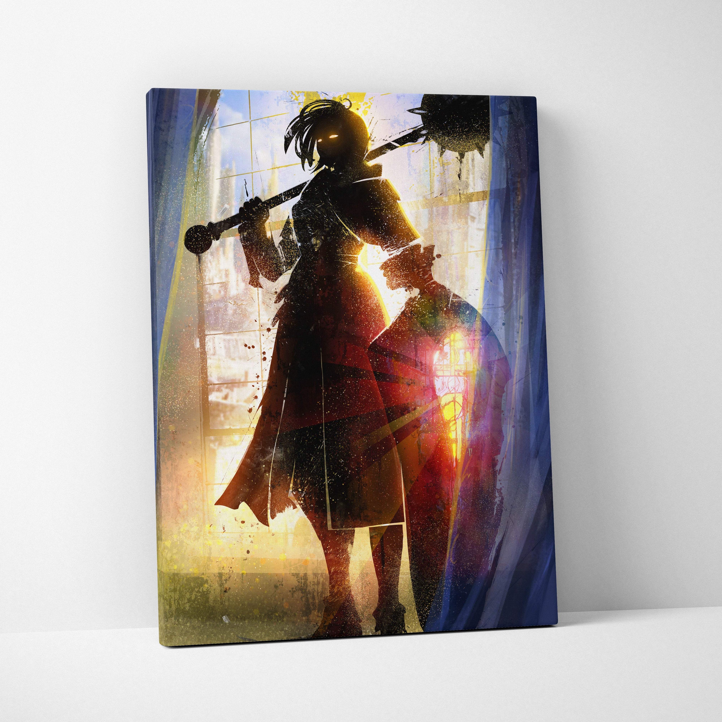Vibrant gothic female warrior silhouette canvas wall art with red gold splashes and blue stained glass lighting effects