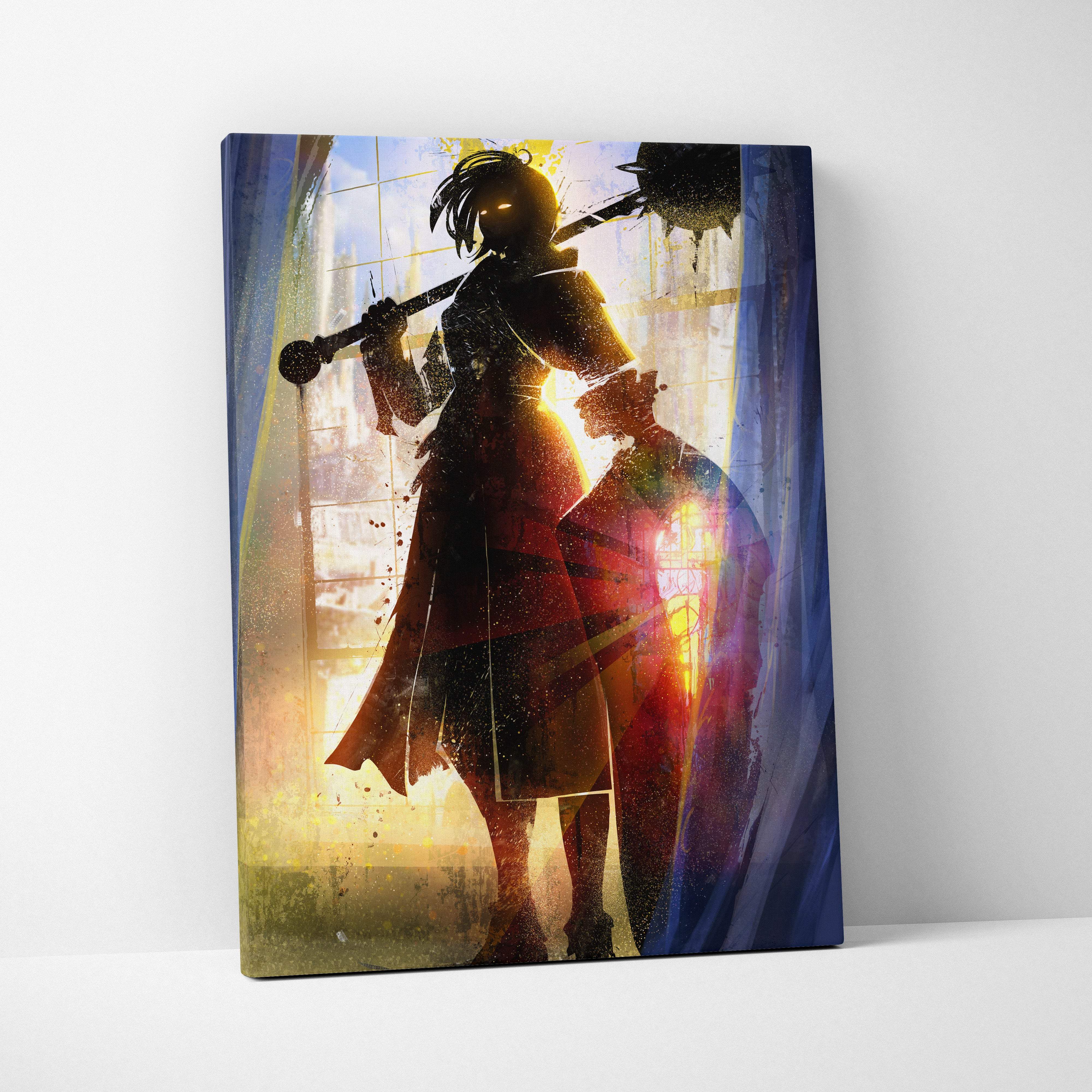 Vibrant gothic female warrior silhouette canvas wall art with red gold splashes and blue stained glass lighting effects