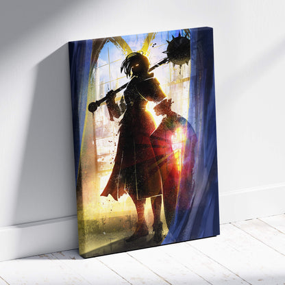 Vibrant gothic female warrior silhouette canvas wall art with dark armor holding spiked mace and stained glass light
