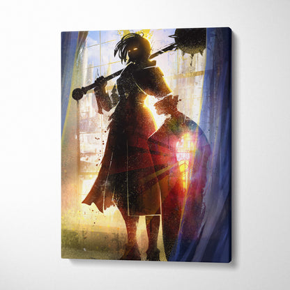 Gothic female warrior silhouette canvas wall art with backlit knight holding mace and shield against stained glass light