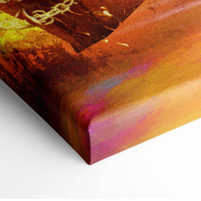 Dark fire mage warrior canvas wall art featuring vibrant abstract textured brushstrokes in warm oranges yellows and deep purples