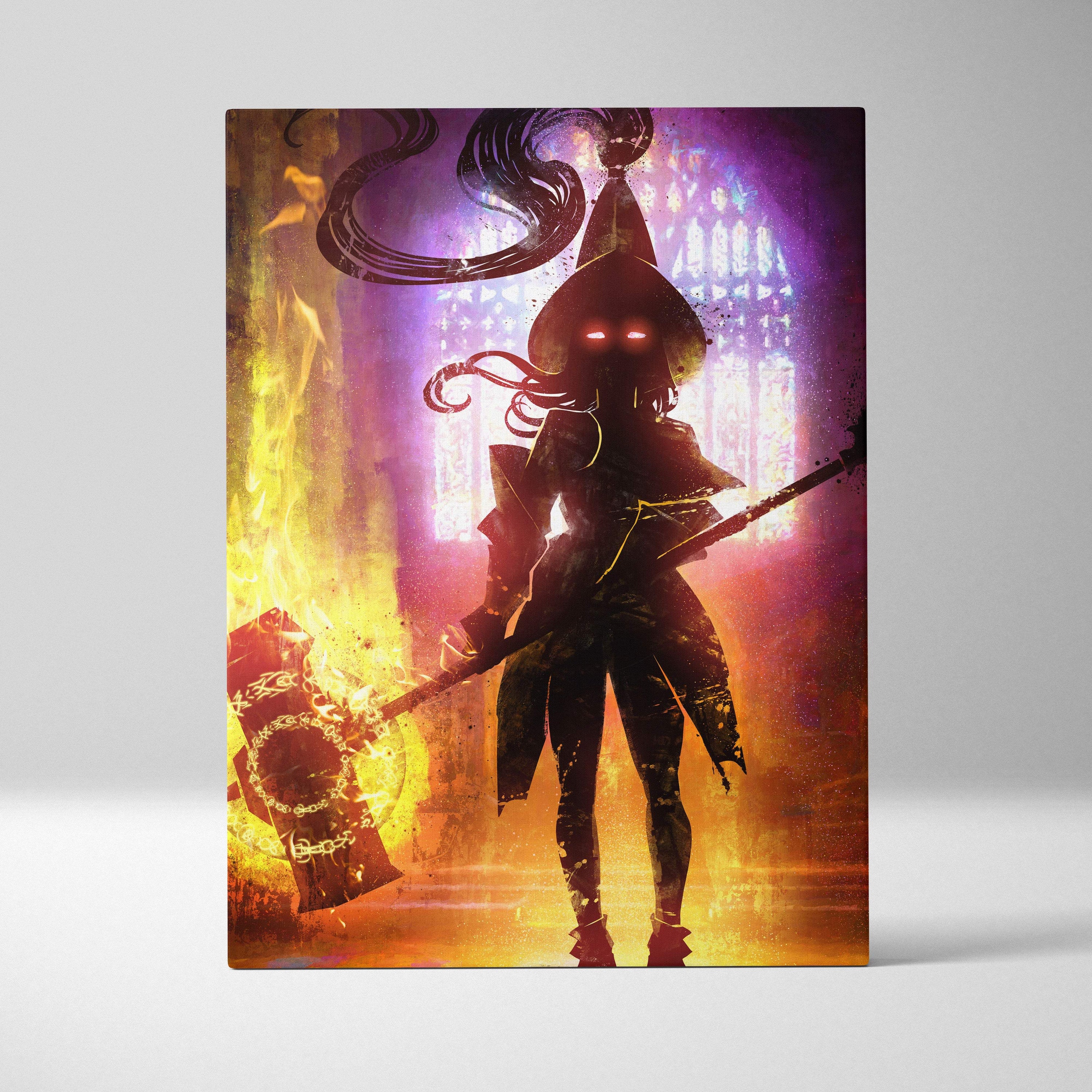 Dark fire mage warrior canvas wall art featuring a silhouetted armored figure with glowing red eyes and fiery neon purple and orange background