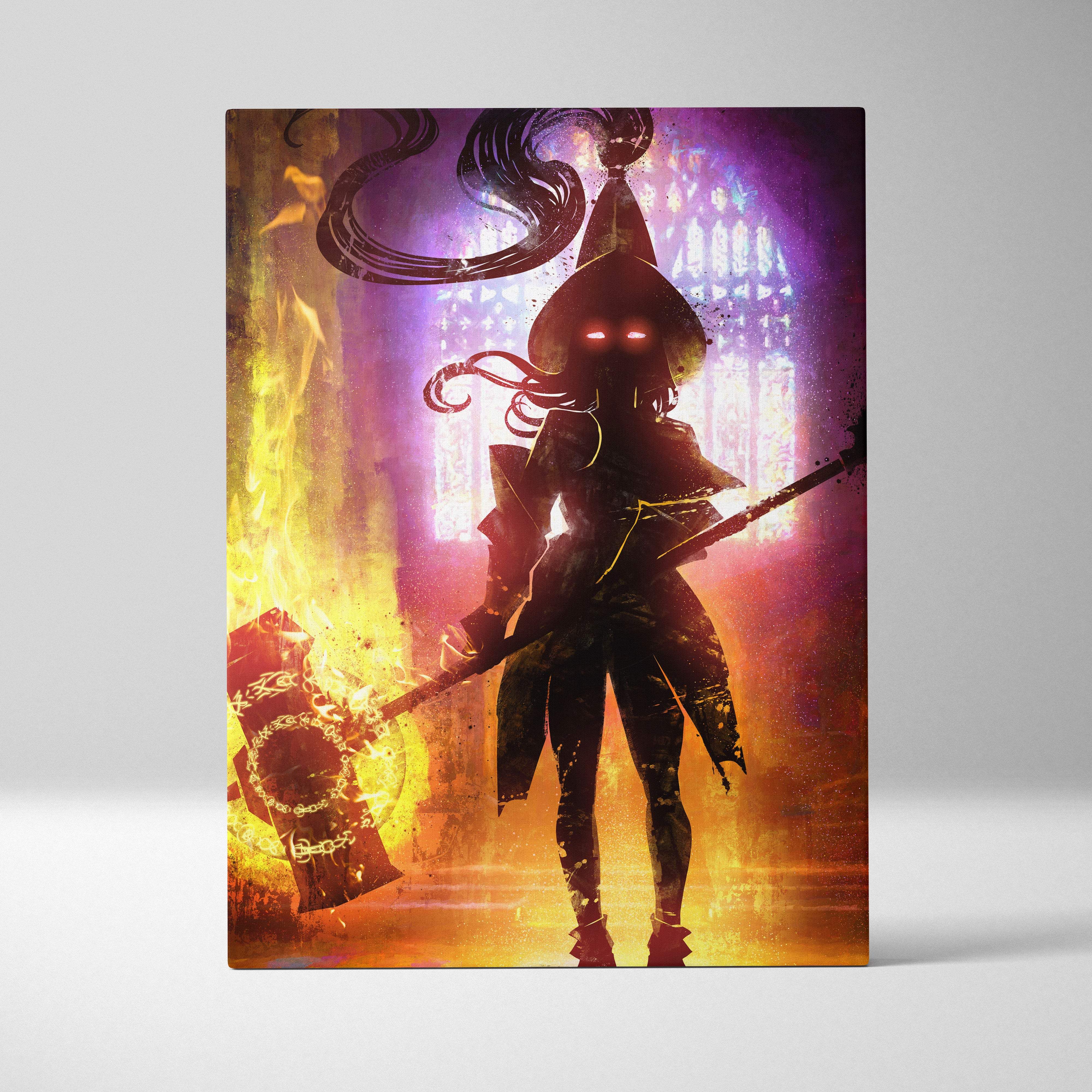 Dark fire mage warrior canvas wall art featuring a silhouetted armored figure with glowing red eyes and fiery neon purple and orange background