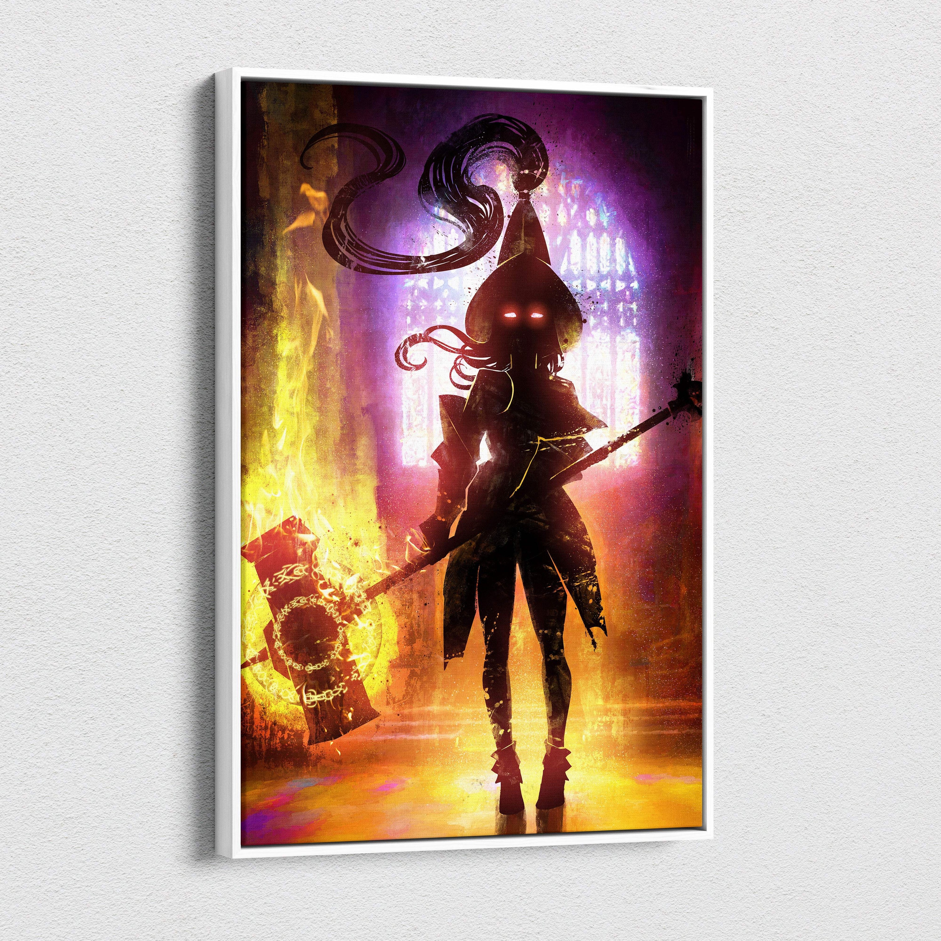 A framed dark fire mage warrior canvas wall art featuring a gothic female silhouette with glowing red eyes and flaming axe