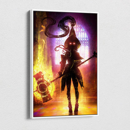 A framed dark fire mage warrior canvas wall art featuring a gothic female silhouette with glowing red eyes and flaming axe