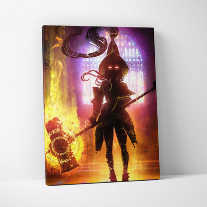 Dark fire mage warrior canvas wall art featuring a gothic female silhouette with glowing red eyes and fiery neon colors