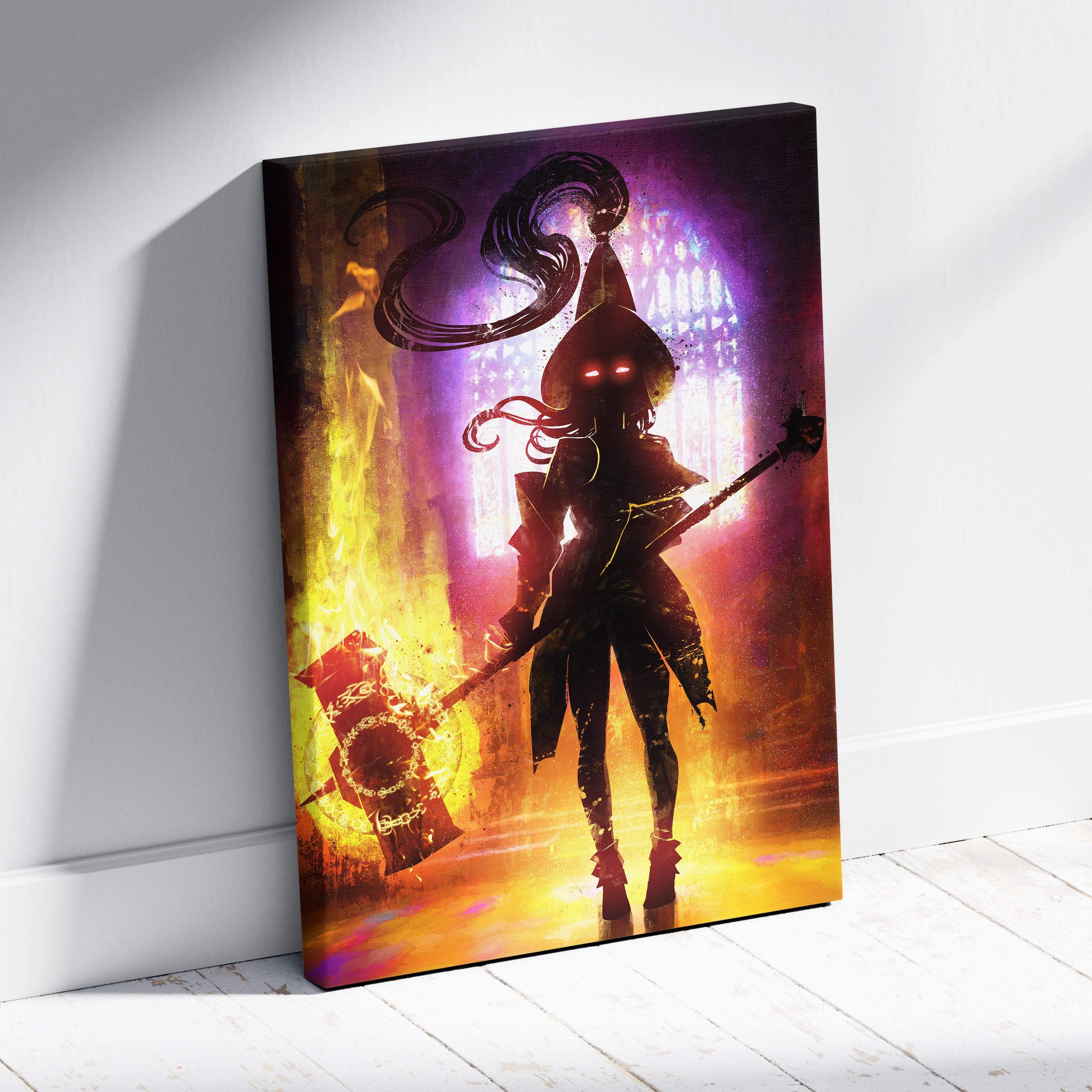 Dark fire mage warrior canvas wall art with gothic female silhouette, flaming axe, and neon purple and orange stained glass design